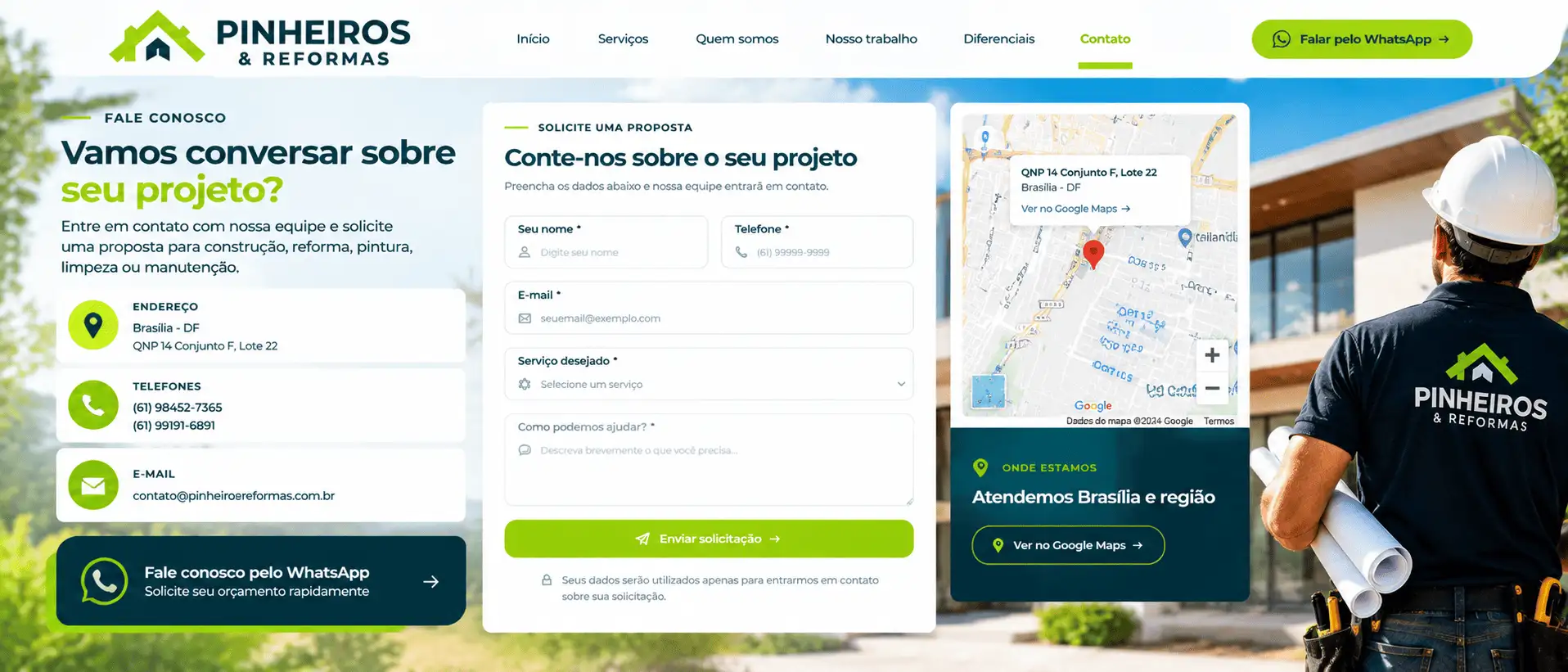 Demonstração do menu de contato desenvolvido para a empresa Pinheiro e Reformas