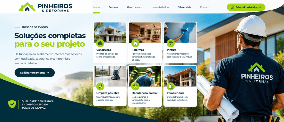 Demonstração do menu de serviços do site pinheiro e reformas em Brasília